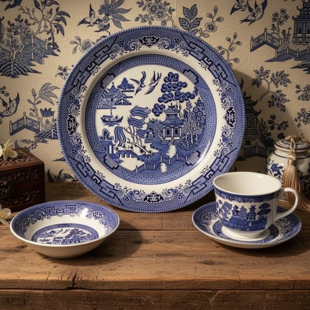 Churchill EnglandBlue Willow Dinner Plate Tea Cup Saucer Johnson Bros Berry Bowl